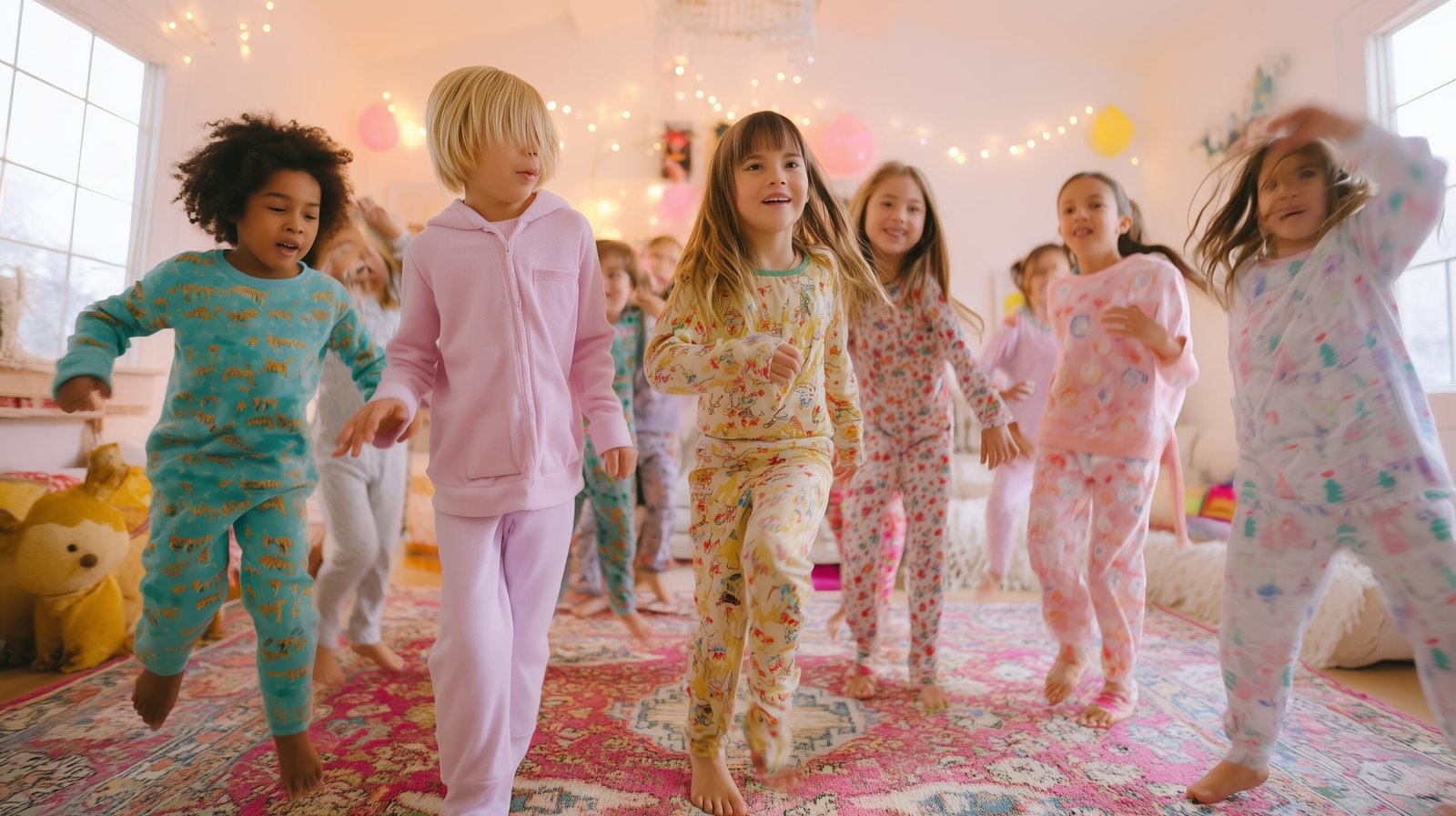 A lively group of children dressed in colorful pajamas dances joyfully in a brightly lit playroom adorned with festive decorations. Their laughter fills the air during a fun evening gathering.